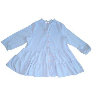 Entro Womens Chambray Ruffle Blouse-Light Blue- L-GUC